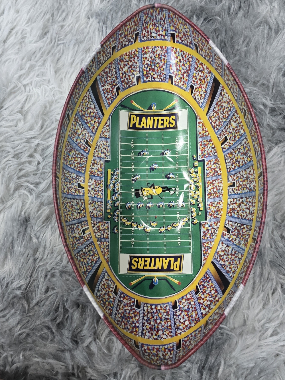 Vintage Planters Football Stadium Tin Nut Tray — Green & Yellow